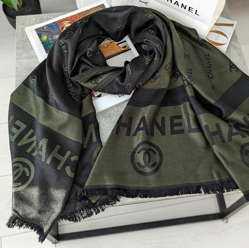 Палантин шарф CHANEL жіночий шарф шанель зелено-чорнийй