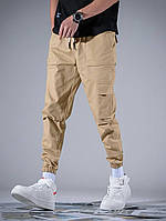 Мужские коттоновые брюки бежевые на манжете карго, стильные молодежные мужские спортивные штаны