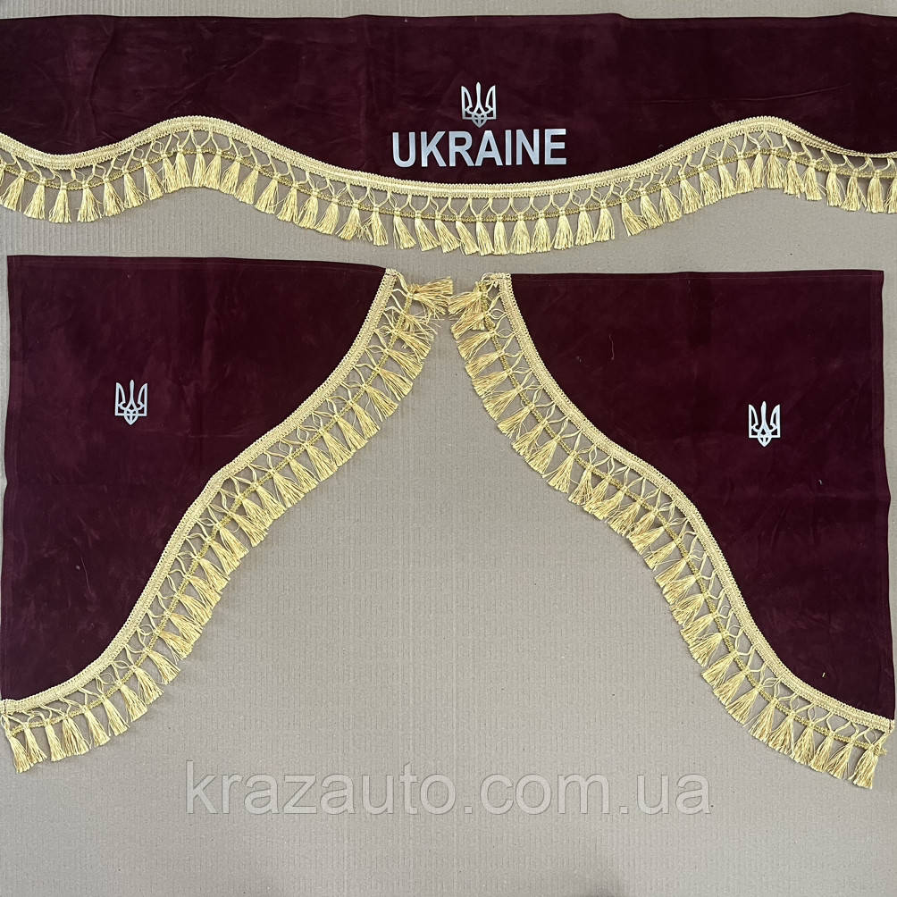 Штори кабіни універсальні бордові (ламбрекен лобового + бічні куточки) "Україна" напис світловідбивний
