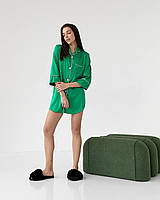 Шелковая рубашка размер XL удлиненная зеленая, женская сатиновая рубашка на пуговицах для дома и отдыха