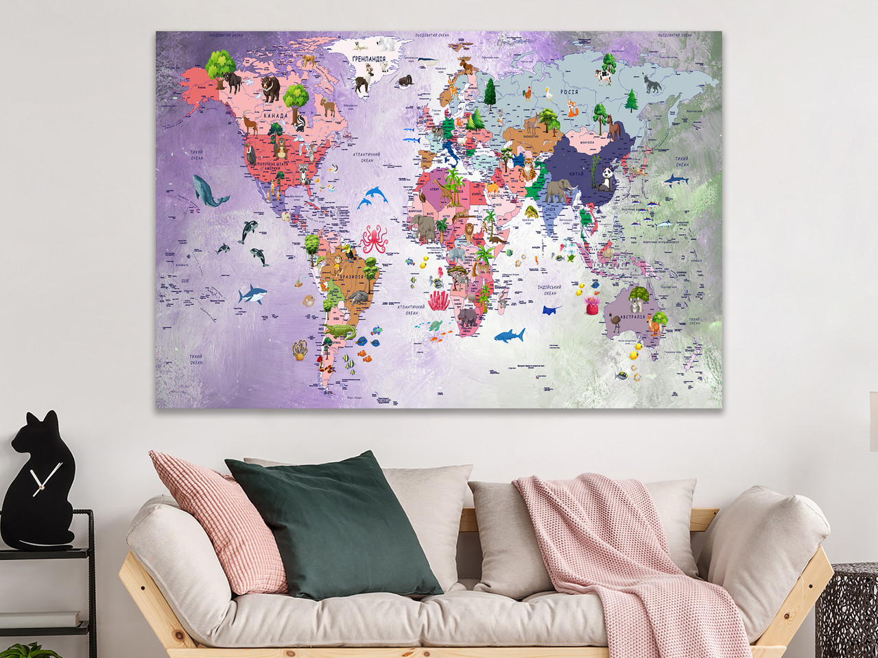 Дитяча картина з картою світу на полотні для підлітка в кімнату HD-друк, фото 1