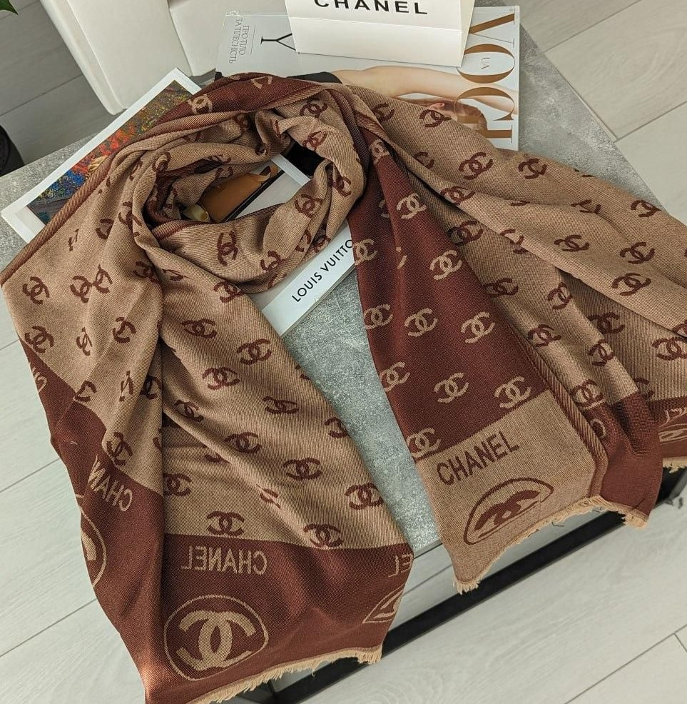 Палантин шарф CHANEL жіночий шарф шанель коричнево-бежевий