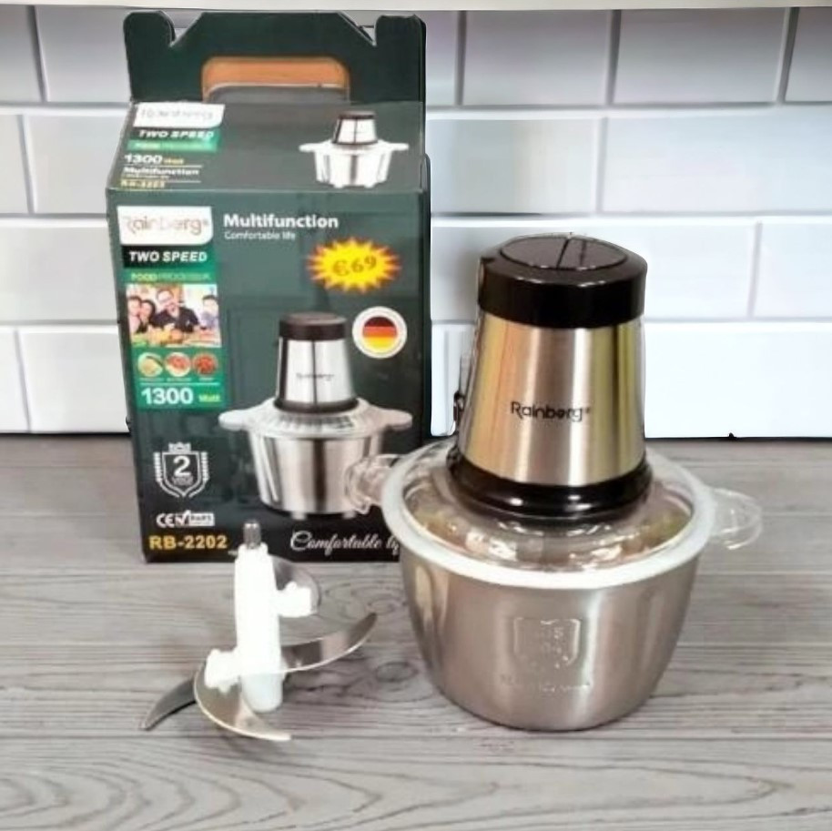 Кухонний подрібнювач 1300 Вт потужності для м'яса, овочів і горіхів, металева чаша та 2 швидкості Rainberg, фото 1