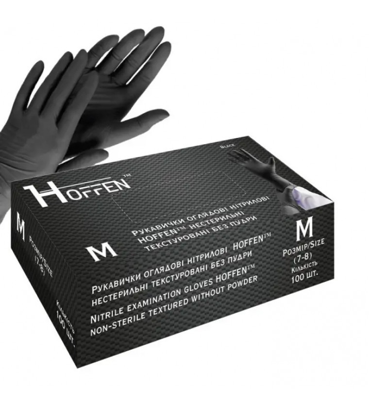 50 ПАР розмір M Нітрилові рукавички Hoffen, щільність 3.2 г. - чорні ( 100 штук), фото 1