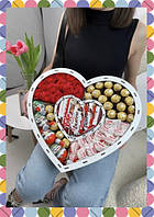Мега набор со сладостями киндер и розами, Сладкое сердце для девушки, Отличный подарок девушке на др