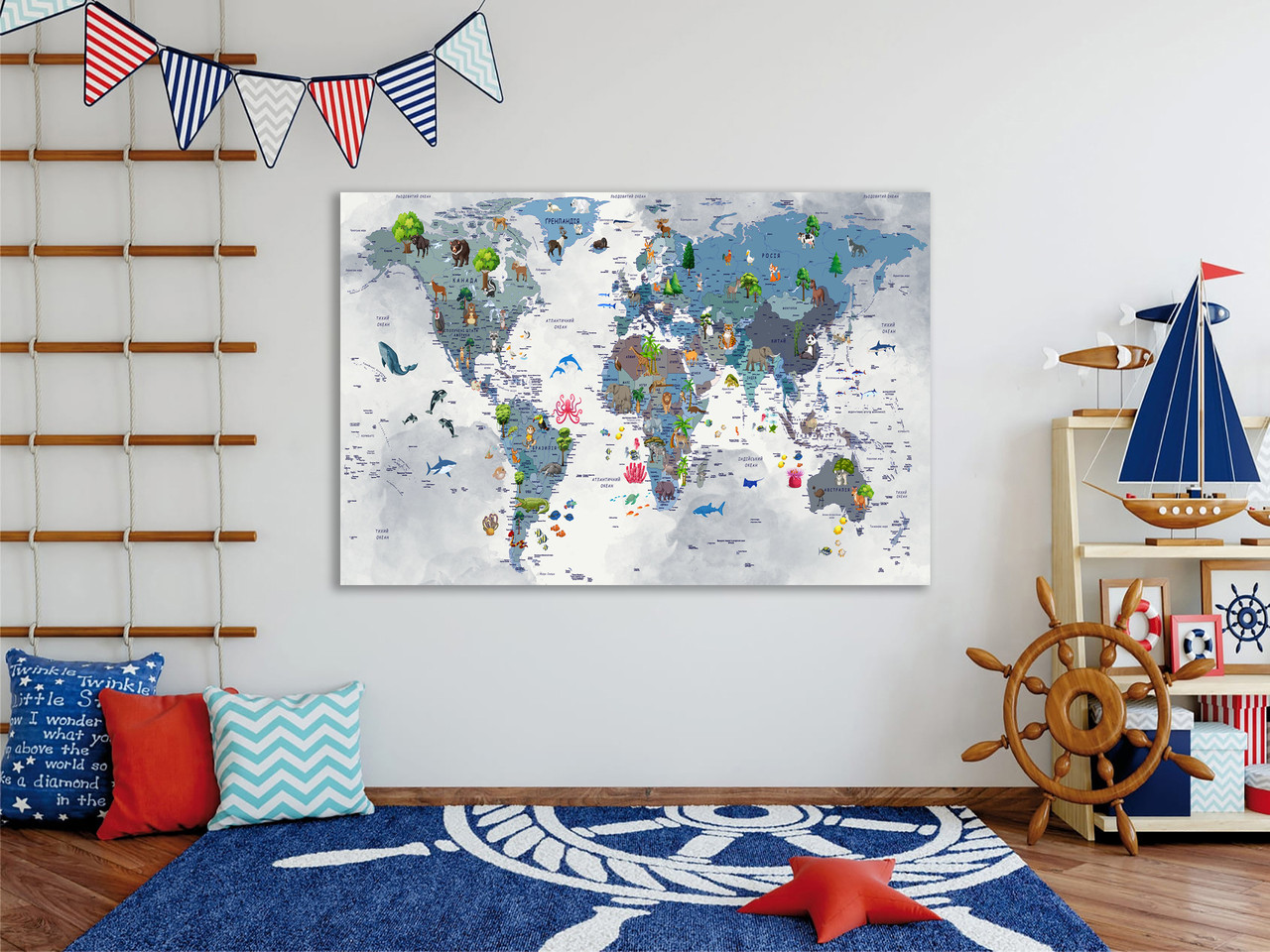 Панно карта світу на стіну в дитячу, картина на полотні для дітей з друком, фото 1