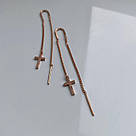 Срібні сережки-протяжки в позолоті з хрестиками в білих фіанітах, фото 3