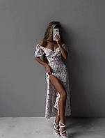 Жіноча легка сукня  міді з вирізом на нозі з відкритими плечами