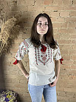 Льняная женская вышиванка с широкой горловиной орнамент геометрический.