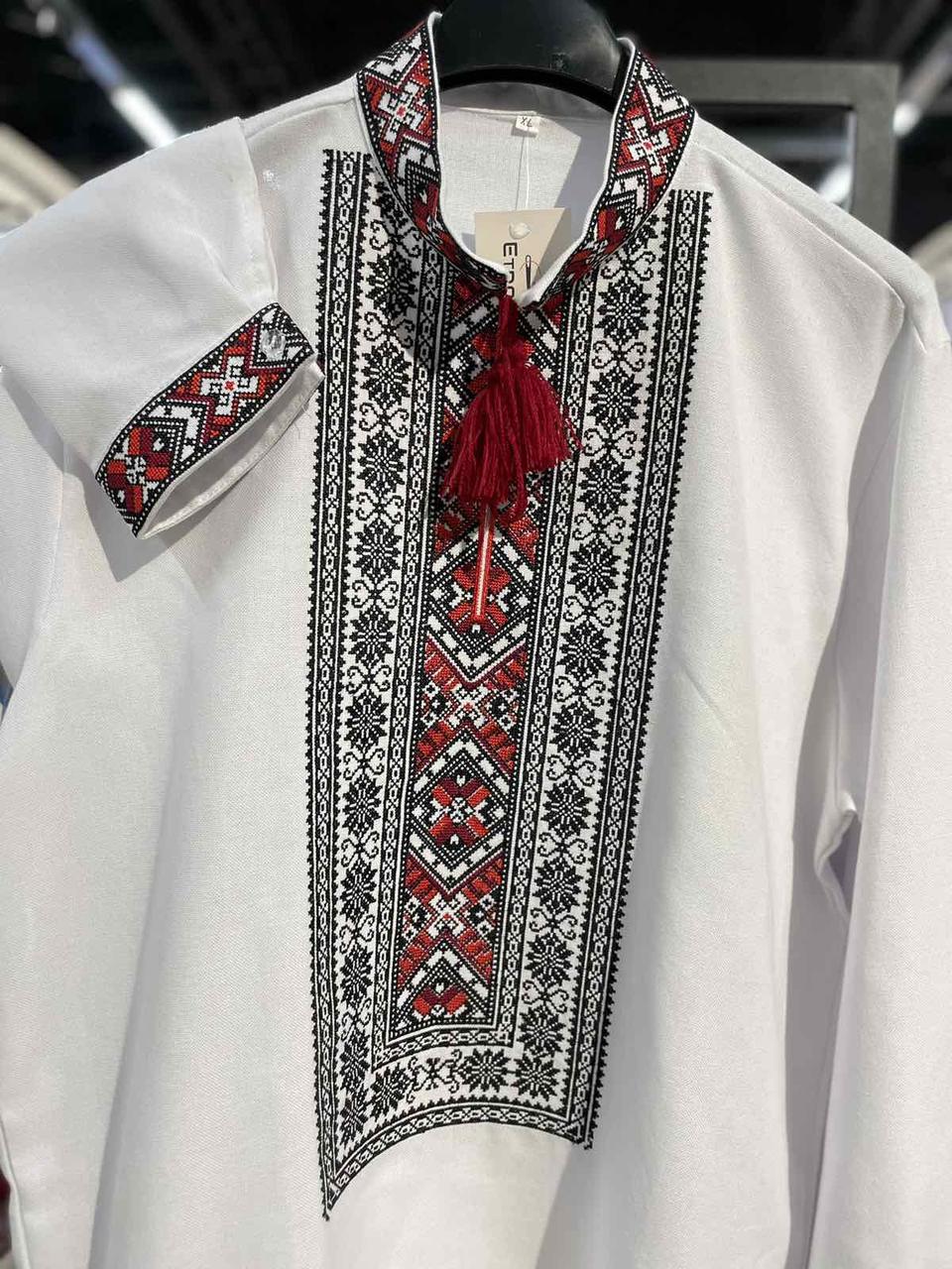 Вишиванка чоловіча довгий рукав червона вишивка льон традиційний крій