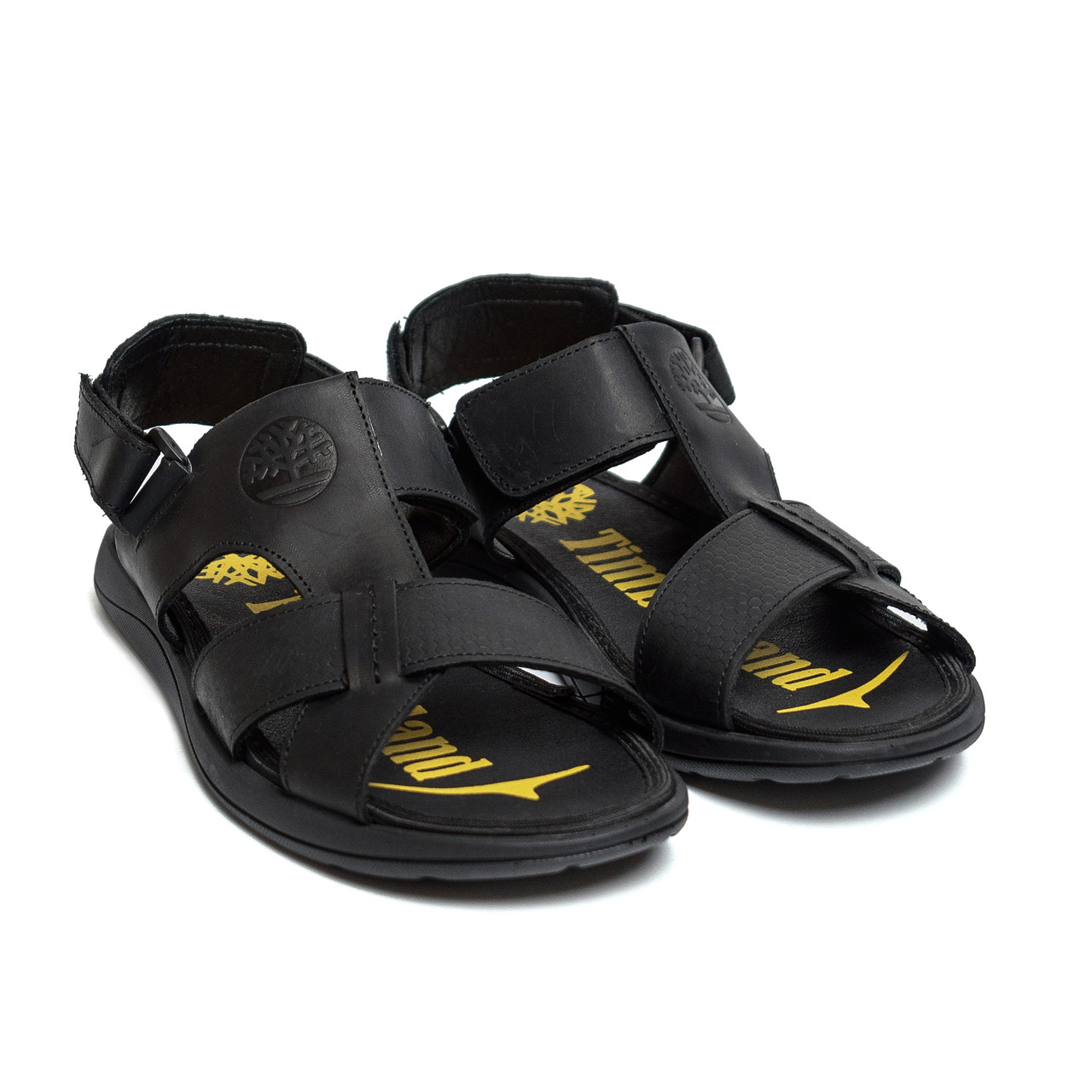 Кожані чоловічі босоножки чорного кольору із застібкою липучки на п'ятці