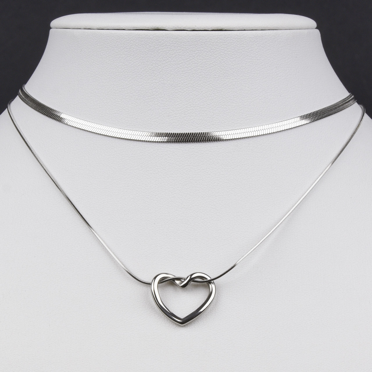 Цепь снейк с кулоном двухслойная серебристого цвета Stainless Steel сердечко застёжка карабин длина 45-50 см