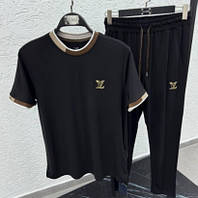 Louis Vuitton Lux черный мужской летний костюм комплект футболка и штаны Луи Витон коттон
