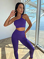Женский фиолетовый костюм для тренировки в зале и на улице лосины + топ из плотной ткани без просветов M