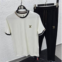 "L XL" Louis Vuitton Lux мужской летний костюм комплект белая футболка и черные штаны Луи Витон коттон
