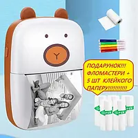 Термопринтер портативный минипринтер Mini printer Bear +5 рулонов клеевой бумаги+фломастеры