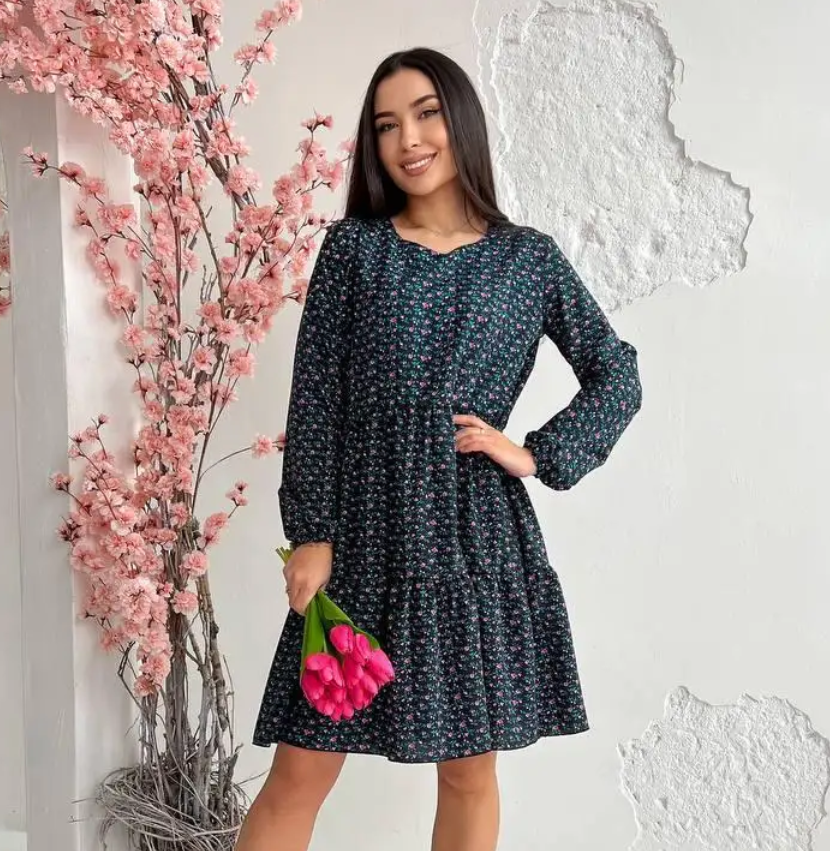 Коктейльна сукня жіноча бебі дол в квіточку темно синя легка сукня з довгим рукавом вільна сукня до коліна, фото 1
