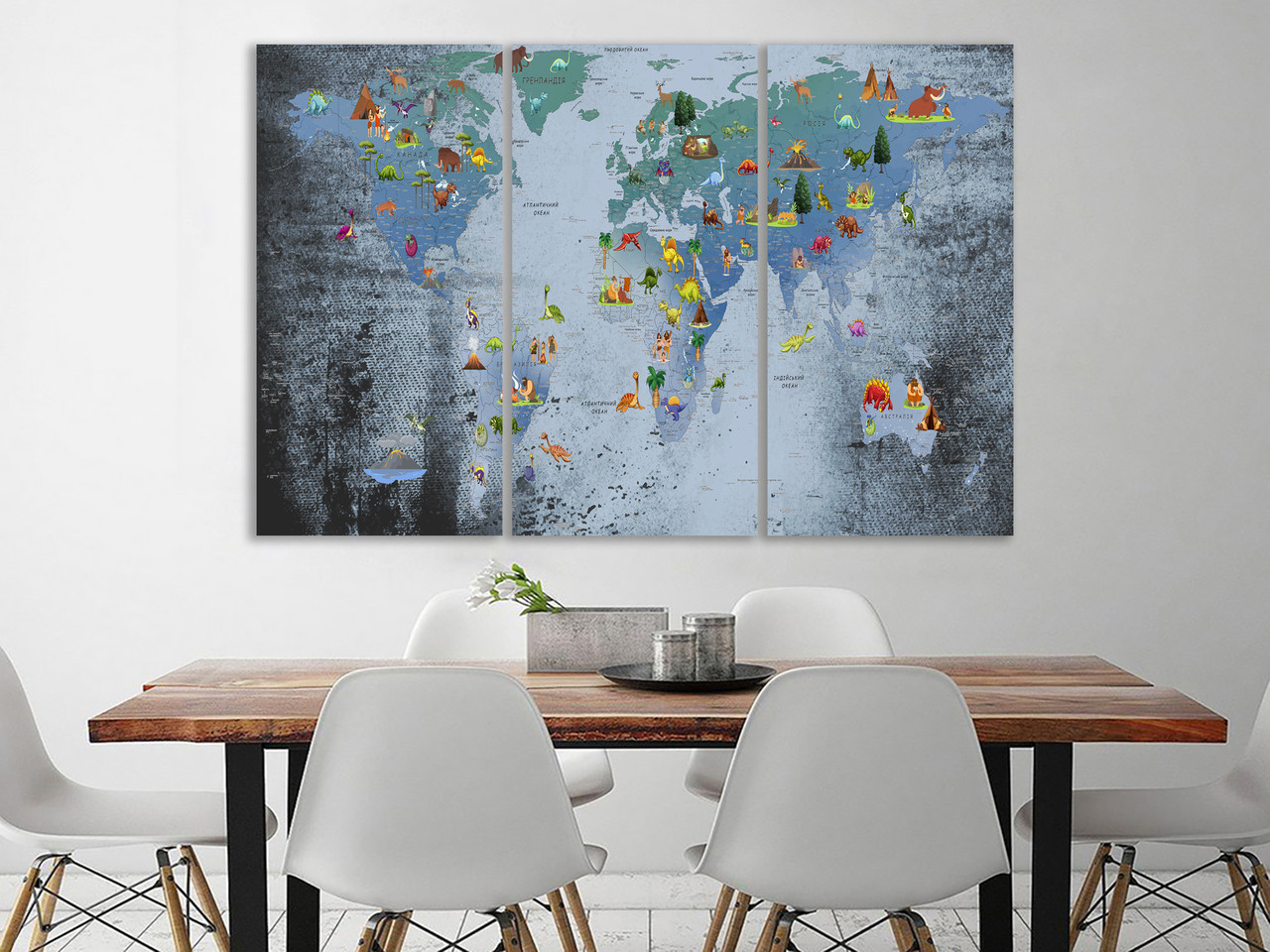 Картина "Карта Мира для детей на холсте в рамке" большая с животными ...
