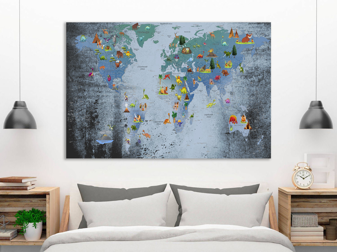 Картина "Карта Мира для Детей на Холсте в Рамке" Большая с Животными ...