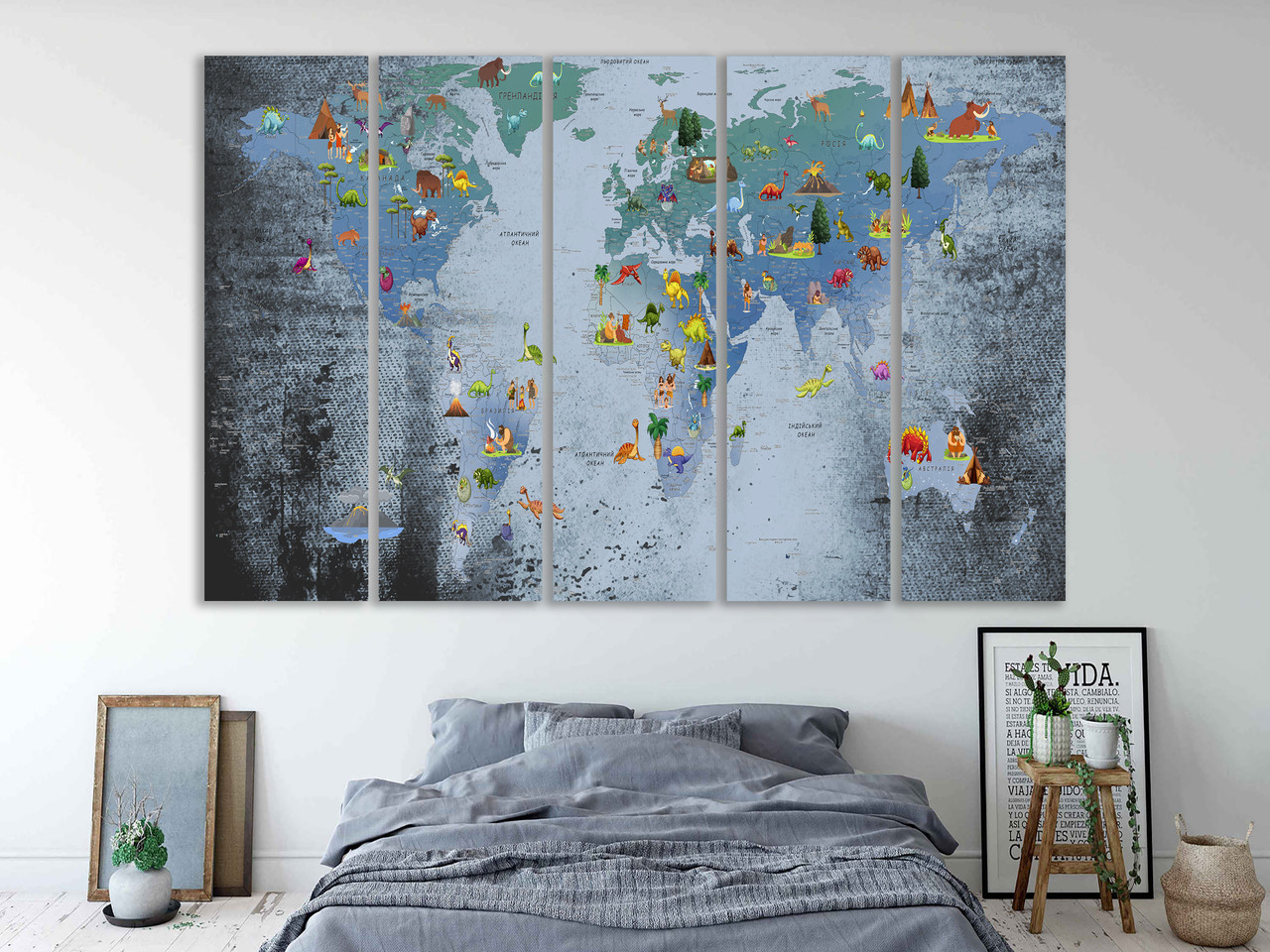 Картина "Карта Мира для детей на холсте в рамке" большая с животными ...