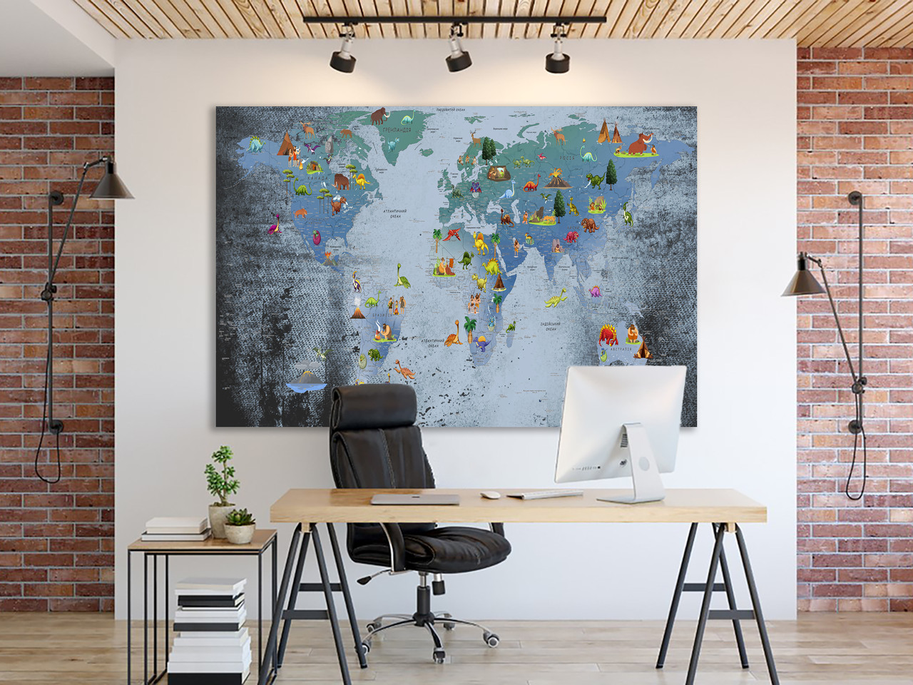 Картина "Карта Мира для детей на холсте в рамке" большая с животными ...