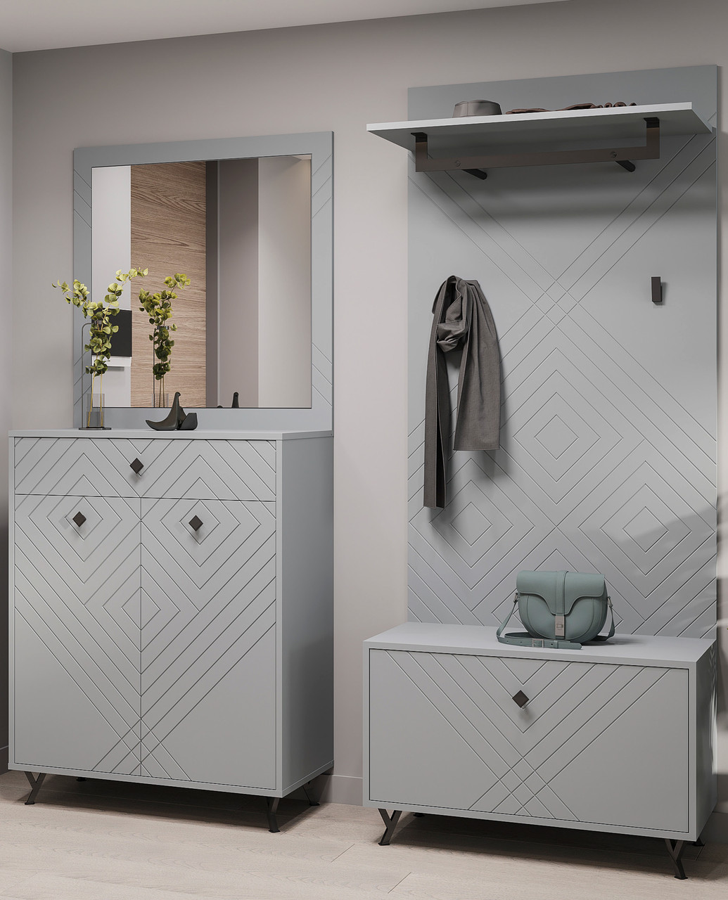 Стильна сіра відкрита вузька модульна прихожа з дзеркалом тумбою для взуття в довгий коридор 160 см Камео Сокме