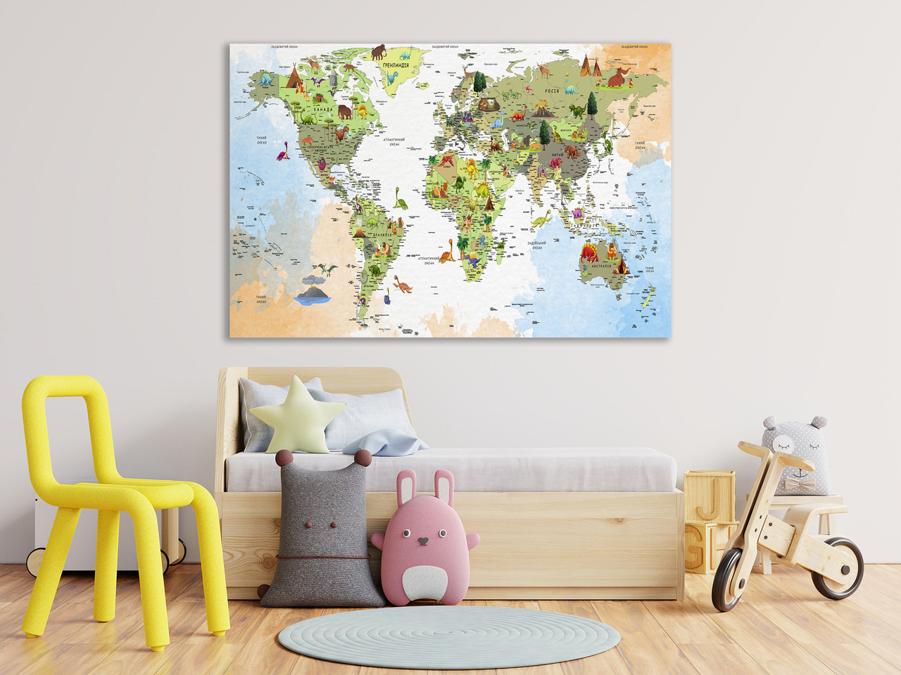 Дитяча карта світу на полотні в рамі, картини для дитячої кімнати, фото 1