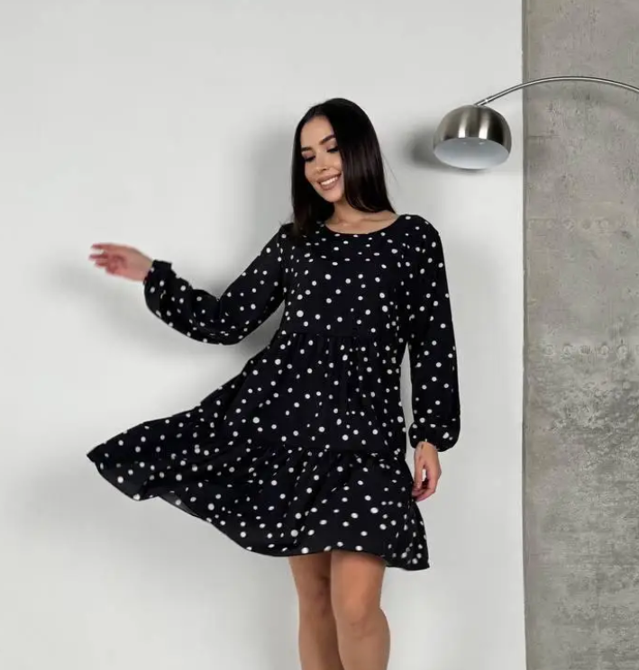 Коктейльна сукня жіноча бебі долл в горошок біле горошок легка сукня з довгим рукавом вільна сукня до коліна, фото 1