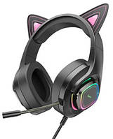 Накладные игровые наушники HOCO W107 Cute Cat Ear с микрофоном и розовой LED подсветкой (проводные)