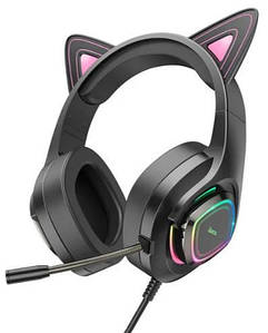 Накладні ігрові навушники HOCO W107 Cute Cat Ear з мікрофоном і рожевою LED-підсвіткою (провідні)