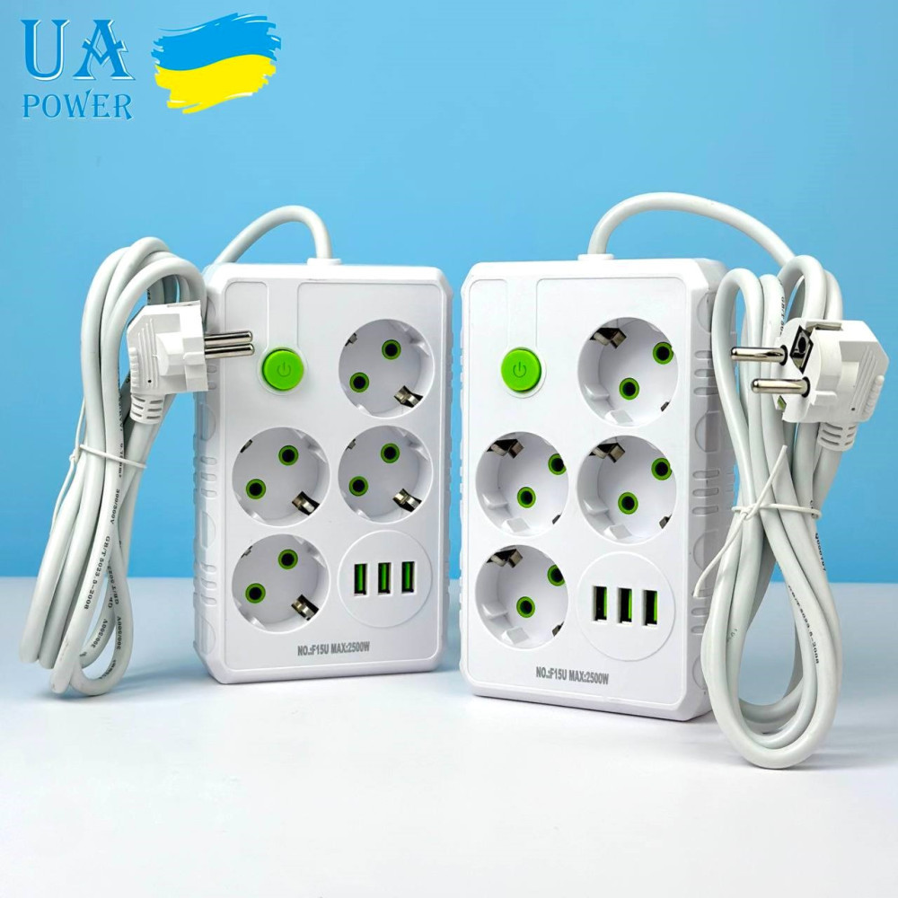 Мережевий фільтр живлення UA Power Socket F15U 4 розетки 3 USB Port 2 m, мережевий подовжувач розеток, білий