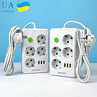 Сетевой фильтр питания UA Power Socket F15U 4 розетки 3USB Port 2m, сетевой удлинитель розеток, белый