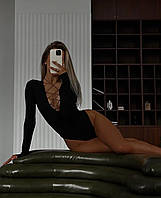 Сексуальное открытое стильное черное женское боди с глубоким декольте на завязках, универсальный размер 42-46