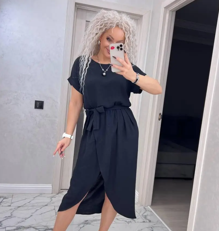 Літня сукня з коротким рукавом чорна жіноча сукня з розрізом на нозі сукня з поясом сарафан літній, фото 1