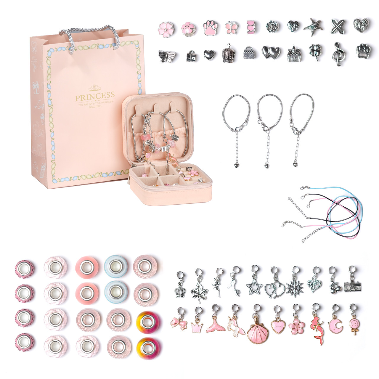 Набір для створення шарм браслетів для дівчаток Pandora в подарунковій скриньці з блискавкою  67 деталей Рожевий, фото 1