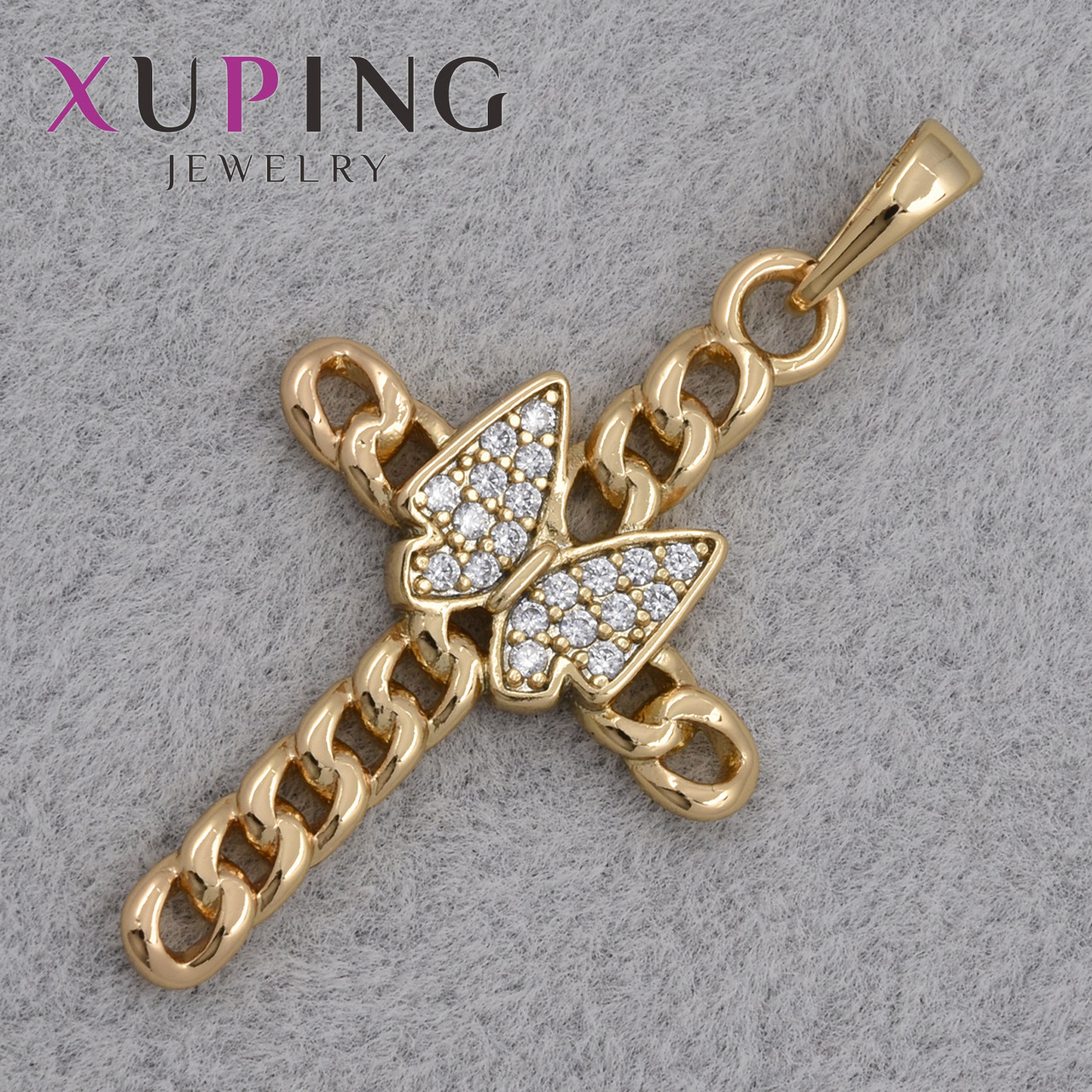 Крестик золотистого цвета фирмы Xuping медицинское золото с бабочкой в стразах размер изделия 35х20 мм