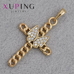 Крестик золотистого цвета фирмы Xuping медицинское золото с бабочкой в стразах размер изделия 35х20 мм