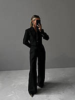 Женский черный деловой костюм двойка брюки палаццо и укороченный пиджак с плечиками; размер: 42-44, 46-48