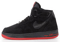 Зимові чоловічі кросівки Nike Air Force 1 High Black Red Fur з хутром