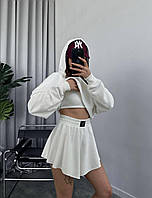 Женский повседневный костюм тройка шорты топ и укороченный худи (черный, графит, молоко) размер: 42-44, 46-48