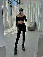 ШОК! Женский базовый костюм укороченный топ и лосины/леггинсы на высокой посадке (черный, серый меланж) с