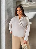 ВАУ! Женская элегантная однотонная шелковая рубашка на запах (черный, молочный, мокко, хаки, бордовый,