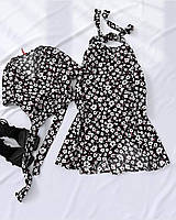 Женский летний костюм в цветочный принт топ на завязках и юбка на запах (черный, синий, оливковый) 42/44, Черный
