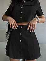 ВАУ! Женский котоновый костюм тройка шорты+юбка и жакет укороченный (черный, серый) размер: 42-44, 46-48