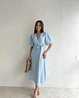 ШОК! Женское льняное платье на запах с поясом с коротким рукавом жатое (голубой/молочный/бежевый/малиновый)