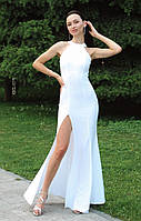 Длинное летнее белое вечернее платье с открытыми плечами и разрезом (S, M)