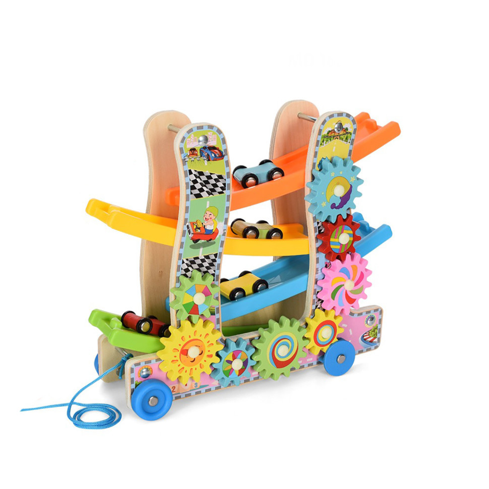 Дерев'яна іграшка "Трек" MD2594 каталка, машинки 4 см 3 шт., шестерні, фото 1