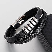 Мужской кожаный браслет плетеный, черный с серебристыми вставками VAR