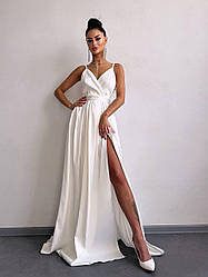 Шикарна жіноча атласна довга сукня з розрізом по нозі Smb9025
