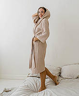 Женский вафельный халат с капюшоном удлиненный хлопок бежевый